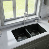Karran Undermount Quartz 32" 50/50 Double Bowl Kitchen Sink Kit, Black