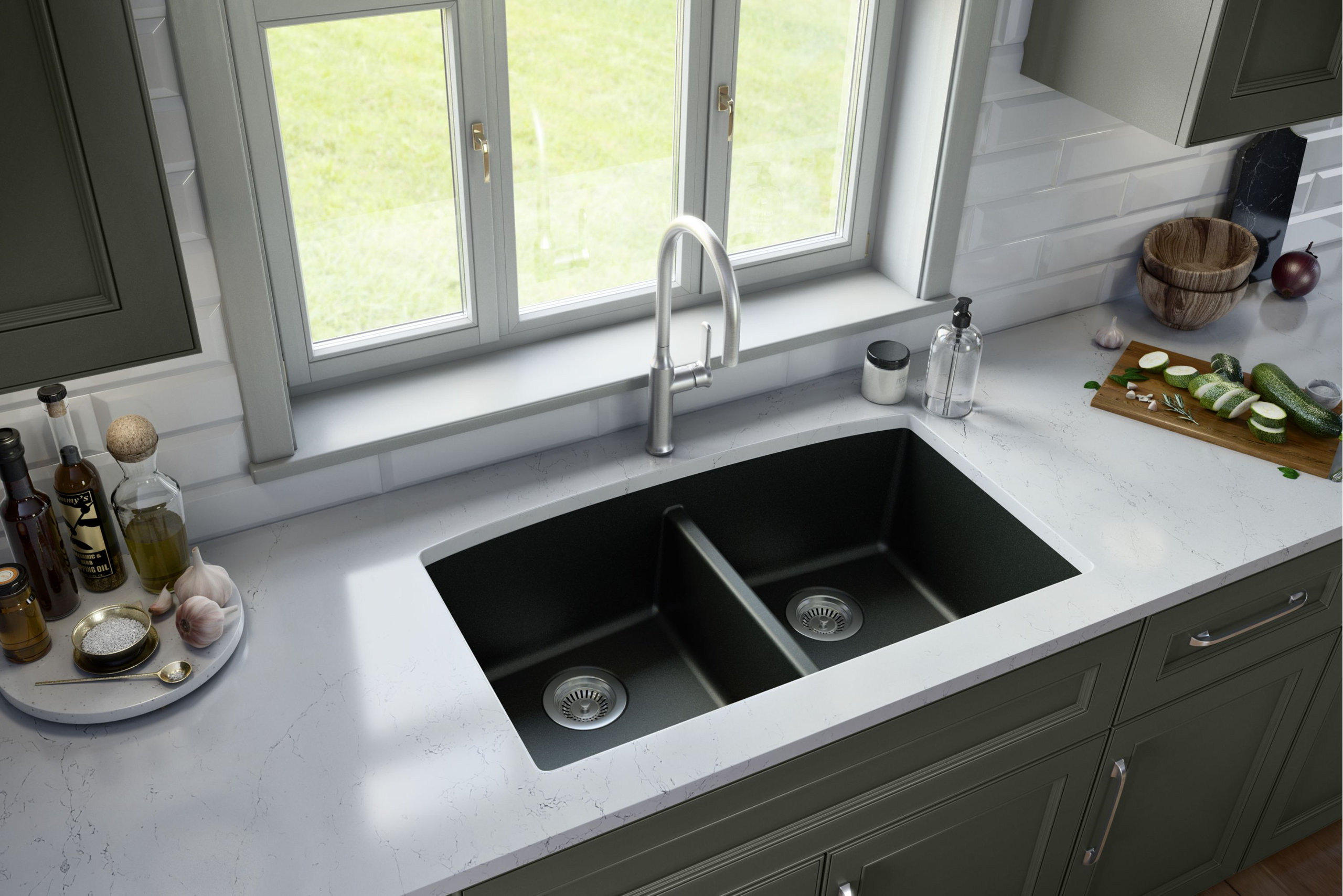 Karran Undermount Quartz 32" 50/50 Double Bowl Kitchen Sink Kit, Black