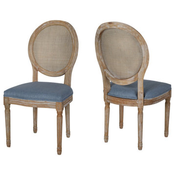 Camilo Wooden Dining Chair With Wicker and Fabric Seating, Set of 2, Light Blue, Natural