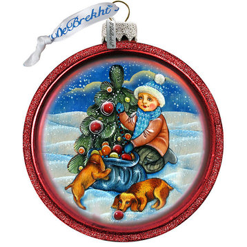 Hand Painted Glass Scenic Ornament Trim A Tree Boy With Dogs, C Ball