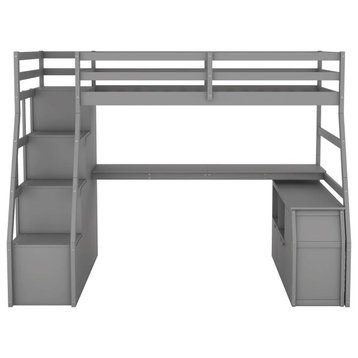 Modern Loft Bed, Integrated Desk and Staircase With Side Storage Drawers, Gray