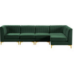 Meridian Furniture - Alina Velvet Modular L-Shaped Modular Sectional, Green, 5-Piece: 3 Armless Chair, 2 Corner Chair - Bring modern beauty to your space with the addition of this Alina Velvet Modular sectional. This beautiful sectional features deep channel tufting to ramp up its visual interest and add to its resilient demeanor. Its soft green velvet upholstery blends nicely with existing elements in your room and is sleek to the touch, making this seat a super comfortable one. Part of the modular Alina collection, this sectional has a latch that attaches it to other pieces to create your custom seating arrangement.