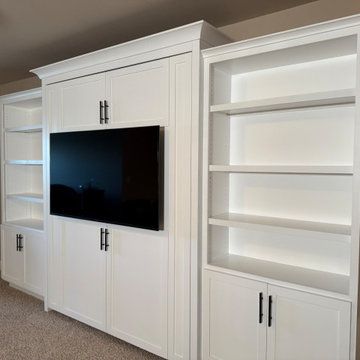 Custom Vertical Queen Murphy Bed, Featuring Open Shelving and Cabinet Storage On