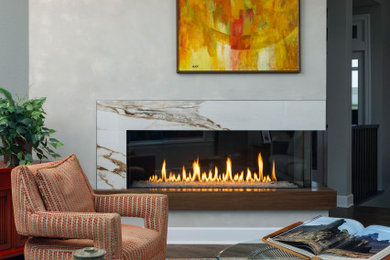 Living room - large open concept dark wood floor living room idea in Denver with a corner fireplace and a stone fireplace