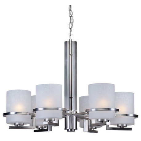 6 Light Chandelier, Brushed Nickel, White Linen Glass