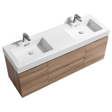 Bliss 60'' Wall Mount Double Sink Modern Bathroom Vanity, Honey Oak