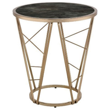 End Table, Faux Black Marble Glass and Champagne Finish