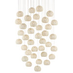 Currey & Company - Piero Multi-Drop Pendant, 36-Light - The shades on the Piero 36-Light Multi-Drop Pendant may appear to be woven from a natural plant material, but they are made of iron in a white finish to make it one of our offerings that illustrates the skills our craftspeople bring to their work. When the white pendant is illuminated, textural patterns will enliven surrounding surfaces. We also offer this design in chandeliers in several sizes.