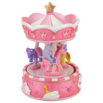 6.5" Children's Pink Rotating Animal Friends Sleepy Time Carousel Music Box