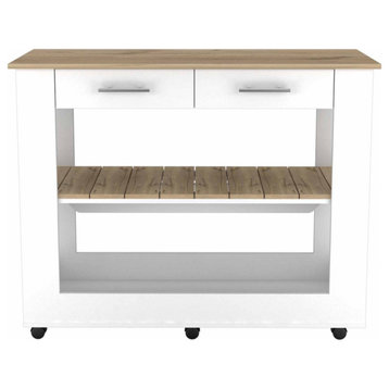 Brooklyn 80 Light Oak Accented Kitchen Island, with shelves and drawers - White