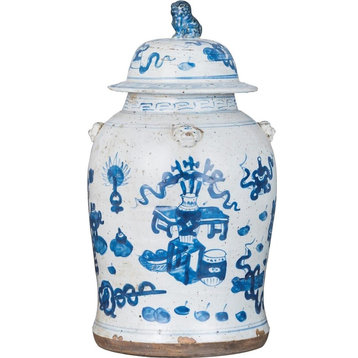 Temple Jar Vase Vintage Symbol Small White Blue Ceramic H