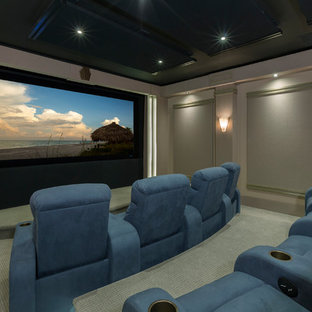 Aménagement d'une salle de cinéma classique fermée avec un mur gris, moquette, un écran de projection et un sol vert.