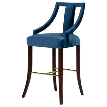 Limari Home Kimball 29" Glam Velvet and Solid Wood Bar Stool in Blue/Gold