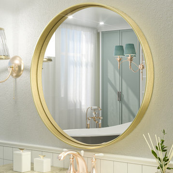 Round Bathroom Mirror Wall Mount Metal Framed Entryway Vanity Mirror, Gold, 24"