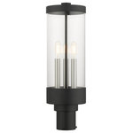 Livex Lighting - Textured Black Nautical, Moder, Industrial, Urban Outdoor Post Top Lantern - The large three-light outdoor hand crafted post top lantern from the Hillcrest collection is made of rugged stainless-steel and features a simple yet elegant textured black finish frame paired with a cylindrical clear glass shade and is accented by brushed nickel candles. The glass shade is topped off with a textured black cover accent to carry through the theme of the finely crafted design. This piece complements modern, nautical, contemporary or urban homes.