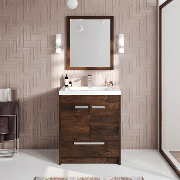 Eviva Lugano 30" Modern Bathroom Vanity With White Integrated Top, Rosewood