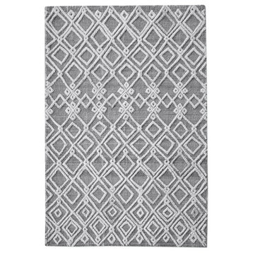Gray White Ivory Wool Geometric Diamond Pattern Area Rug, 9'x12' Tribal Ethnic