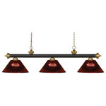 Z-Lite - Island/Billiard - Finished In Bronze and Satin Gold This Three Light Bar Fixture Uses Acrylic Burgundy Shades To Create A Contemporary Look With A Timeless Quality To It. This Fixture Would Be Perfect For The Game Room Or Any Other Room Of The House Where A Touch Of Under Stated Sophistication Is Needed.