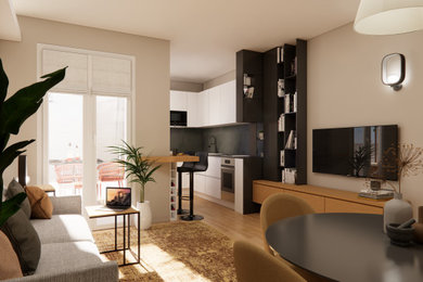Ispirazione per un piccolo soggiorno design con parquet chiaro e carta da parati