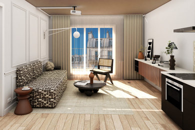 Diseño de salón abierto y blanco y madera actual de tamaño medio sin televisor con paredes blancas y suelo de madera clara