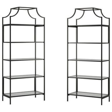 2 Piece Industrial Metal and Glass Bookcase Set in Black Finish
