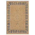 Bareens Designer Rugs - Bohemien Ziegler Melda Tan Blue Hand-Knotted Wool Rug - 9'1'' x 11'7'' - Enhance the ambiance of your home with this magnificent Persian-influenced Turkish hand-knotted rug made by skilled artisans capable of creating the most exceptional vegetable dyes and hand-spun wool. This exquisite handmade rug is a one-of-a-kind Peshawar Kafkaz, otherwise identified as Chobi, Chobi Peshawar, Oushak, or Ziegler rug. These handmade rugs are crafted in Pakistan utilizing superior-quality wool imported from Australia, New Zealand, and Korea in two types of weaves: the Persian weave and the Mori weave. This rug is meticulously crafted by hand using the finest natural vegetable dyes extracted from local plants. The artisans use a blend of hand-spun local and fine merino wool, resulting in a rug with a compelling texture, higher lanolin content, and longer staple. The artisans occasionally incorporate natural or artificial silk into the pile to enhance specific motifs. The finished product is an awe-inspiring execution of flawless design and an understated palette that exudes elegance.
