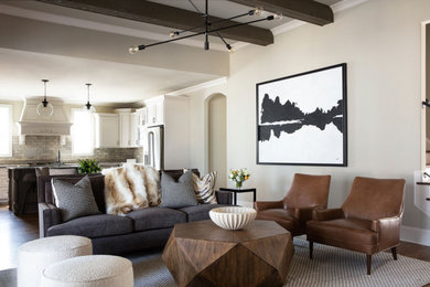 Inspiration for a mid-sized transitional open concept medium tone wood floor and exposed beam living room remodel in Other with gray walls