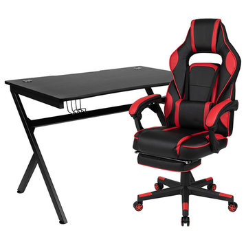 Black Gaming Desk & Reclining Back/Arms Gaming Chair with Footrest, Red