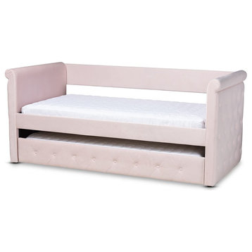 Bowery Hill Mid-Century Velvet Twin Daybed with Trundle in Pink