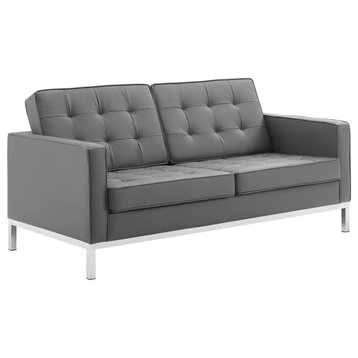Loft Tufted Upholstered Faux Leather Loveseat, Silver Gray