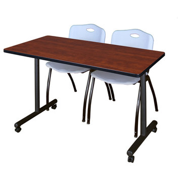48" x 24" Kobe Mobile Training Table- Cherry & 2 'M' Stack Chairs- Grey