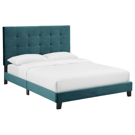 Sea Blue Melanie King Tufted Button Upholstered Performance Velvet Platform Bed