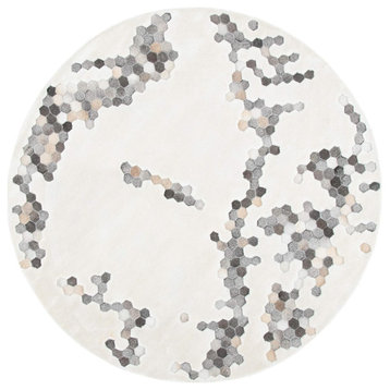 Contemporary Area Rug, Round Design With Texture Patterned Wool, Ivory