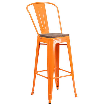 Flash Furniture 30" Orange Metal Barstool w/Back - CH-31320-30GB-OR-WD-GG