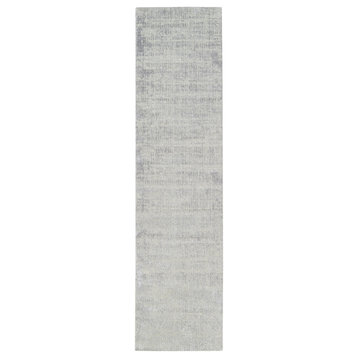 Modern Wool & Silk Fine Jacquard Gray Handloomed Runner Oriental Rug, 2'7"x10'0"