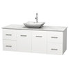 Centra 60" White Single Vanity, White Carrera Marble Top, Carrera Marble Sink