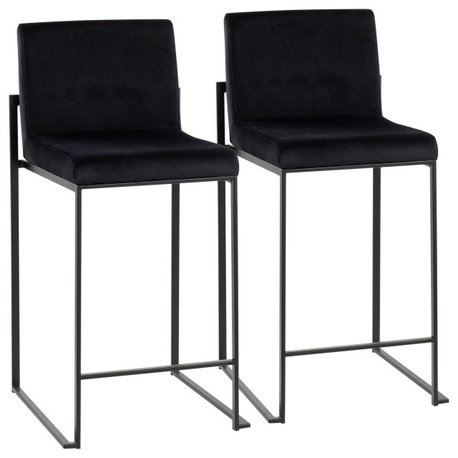 Fuji High Back Counter Stool, Set of 2, Black Steel, Black Velvet