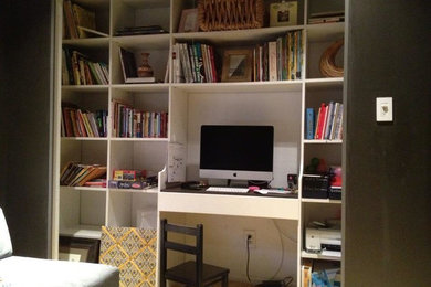 desk area, cube shelving