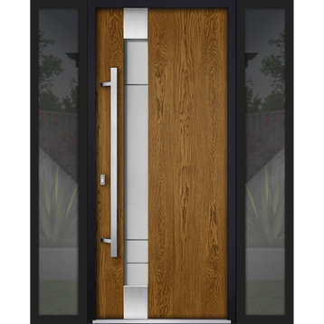 Exterior Prehung Steel Door Deux 1713 Natural Oak 2 Side Black Windows