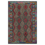 Bareens Designer Rugs - Retro Turkish Kilim Georgian Hand-Woven Wool Rug - 5'3'' x 6'7'' - Elevate the elegance of your home with this stunning hand-woven tribal Kilim wool rug. Meticulously crafted on a loom by the Nomad Turkman people using hand-spun wool and 100% natural vegetable dyes, these rugs are recognized for their repetitive geometric patterns, incorporating naturalistic floral and traditional designs. The contemporary fashion palette results in bold, sharp patterns that are incredibly versatile, as the pattern is the same on both sides. These reversible rugs feature a lighter shade on one side and brighter colors on the other, providing versatility according to preference. These unique rugs are made by knotting short strands of different colors onto the warps and securing them by tightly pressing the wefts. The designs are created by interweaving the various colored wefts and warps. Kilims are known for their exceptional durability and versatility, making them truly unique rugs.  Product Details    Rug Size: 5'3'' x 6'7''  Material: 100% Wool  Style: Kilim, Flat Weave, Dhurrie, Turkish, Southwestern, Rustic, Tribal  Colors: Red, Green  Weave Type: Hand-Woven, Handmade  Pile Height: Less than 0.25 inch