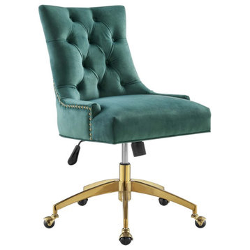 Vintage Office Chair, Golden Base With Velvet Seat & Hourglass Back, Teal