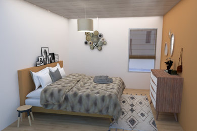 Réalisation d'une chambre parentale nordique de taille moyenne avec un mur marron, un sol en linoléum, un sol beige et un plafond en lambris de bois.