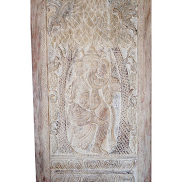 Consigned Vintage Ivory Wash Ganesha Wall Sculpture, Carved Indian Door