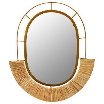 Oval Modern Boho Metal and Cane Framed Wall Mirror, Natural