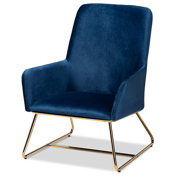 Sennet Glam and Luxe Navy Blue Velvet Fabric Upholstered Gold Finished Armchair