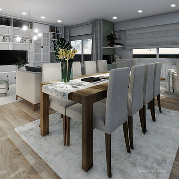Salón comedor de estilo nórdico contemporáneo a medida en 3D