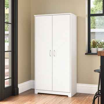 Transitional Storage Cabinet, Wooden Frame With Adjustable Shelves, White