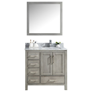 36" Distressed Grey Single Vanity,Marble Top,Sink & 34" Mirror - Right Version
