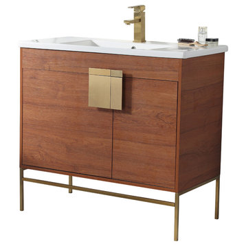 Modern Wallnut Bathroom Vanity Set, Satin Brass Hardware, Vireous China Sink Top