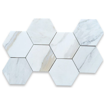 5" Hexagon Calacatta Gold Venato Calacatta Marble Mosaic Tile Polished, 1 Sheet
